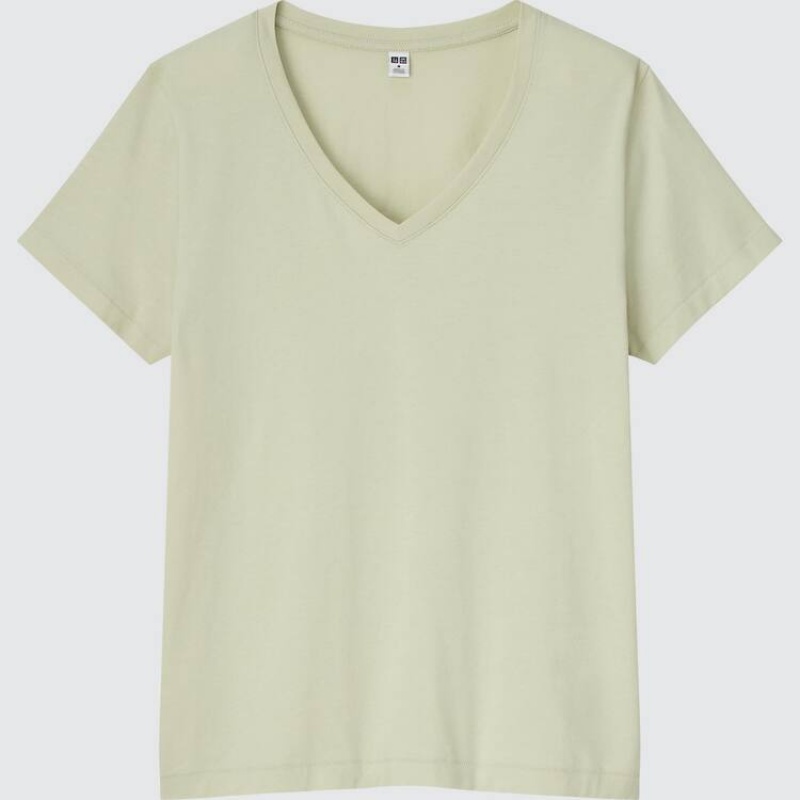 Női Uniqlo 100% Supima Pamut V Neck Póló Világos Zöld | ZJDSL-3490