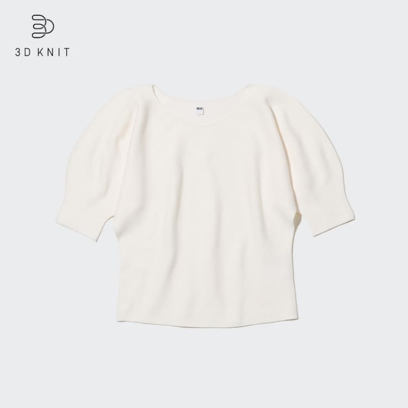 Női Uniqlo 3d Knit Seamless Pamut Volume Half Sleeved Kötöttáru Fehér | PVMNK-1465