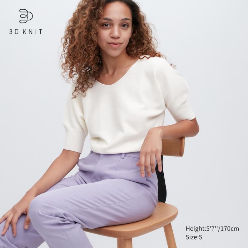 Női Uniqlo 3d Knit Seamless Pamut Volume Half Sleeved Kötöttáru Fehér | PVMNK-1465