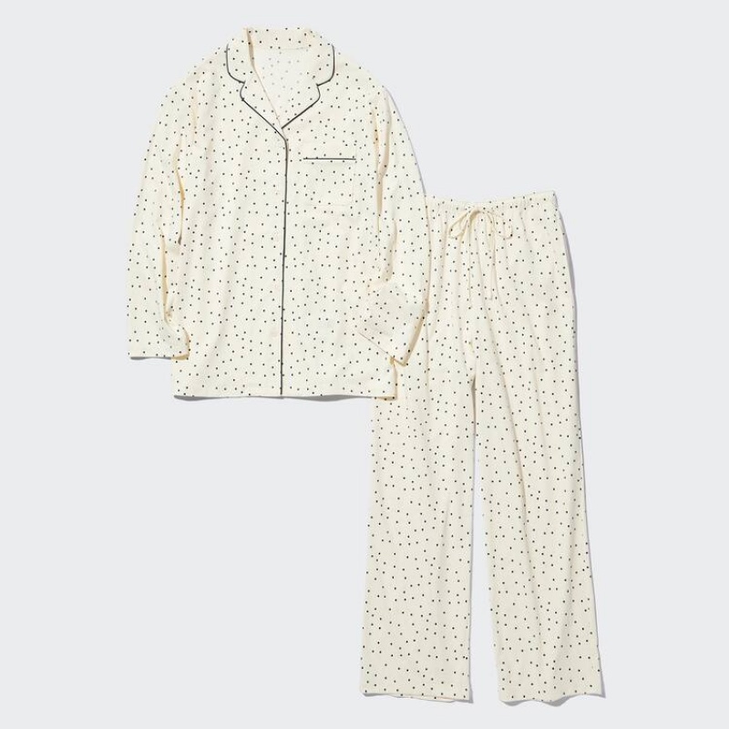 Női Uniqlo Airism Pamut Dotted Long Sleeved Nappali Ruha Fehér | BWFEI-8439