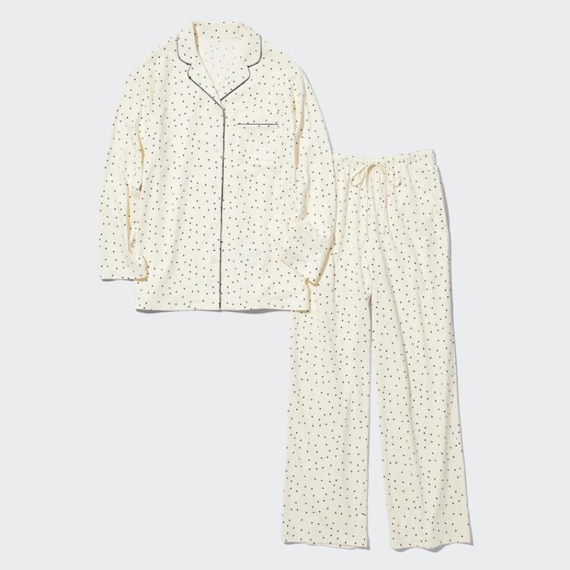 Női Uniqlo Airism Pamut Dotted Long Sleeved Nappali Ruha Fehér | BWFEI-8439