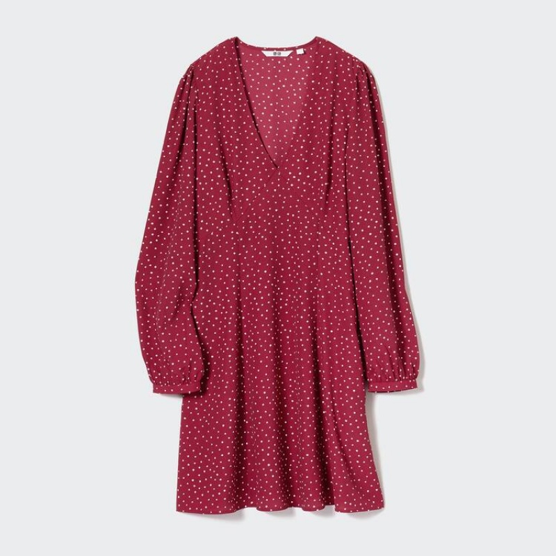 Női Uniqlo Dotted V Neck Long Sleeved Mini Ruha Piros | WJFPZ-3146