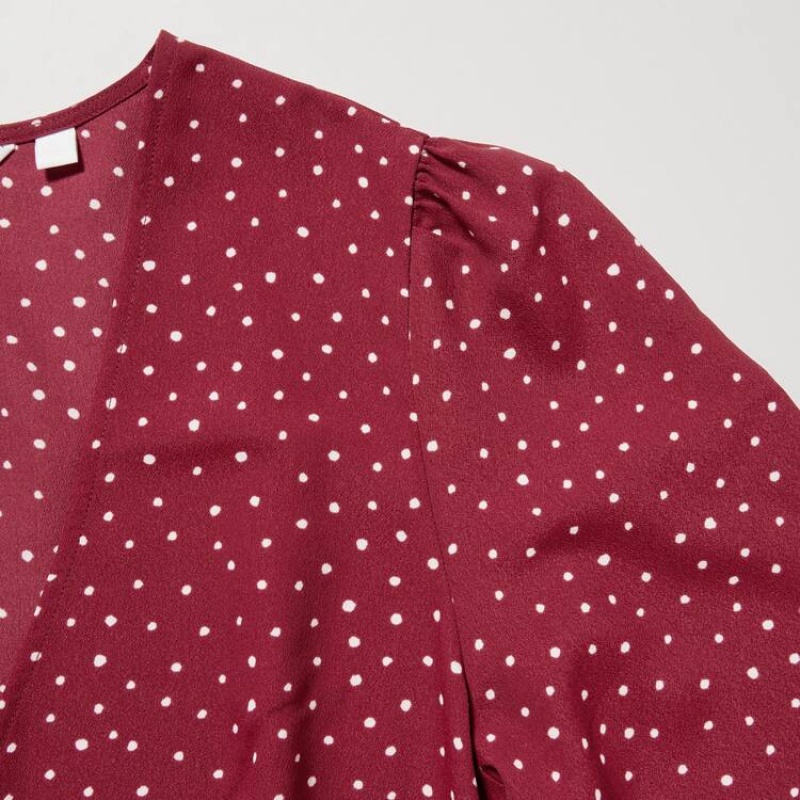 Női Uniqlo Dotted V Neck Long Sleeved Mini Ruha Piros | WJFPZ-3146