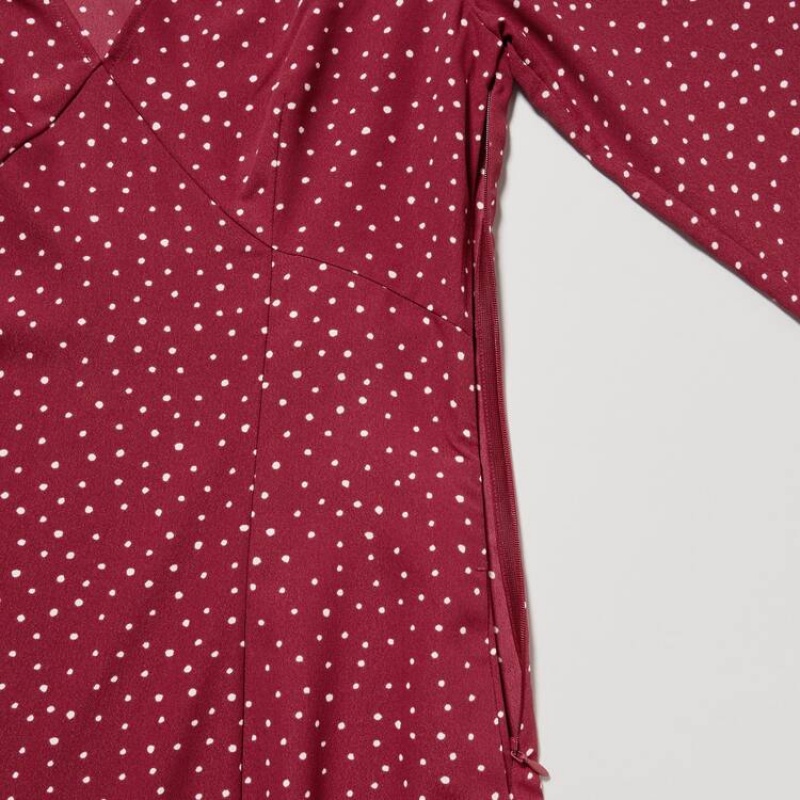 Női Uniqlo Dotted V Neck Long Sleeved Mini Ruha Piros | WJFPZ-3146