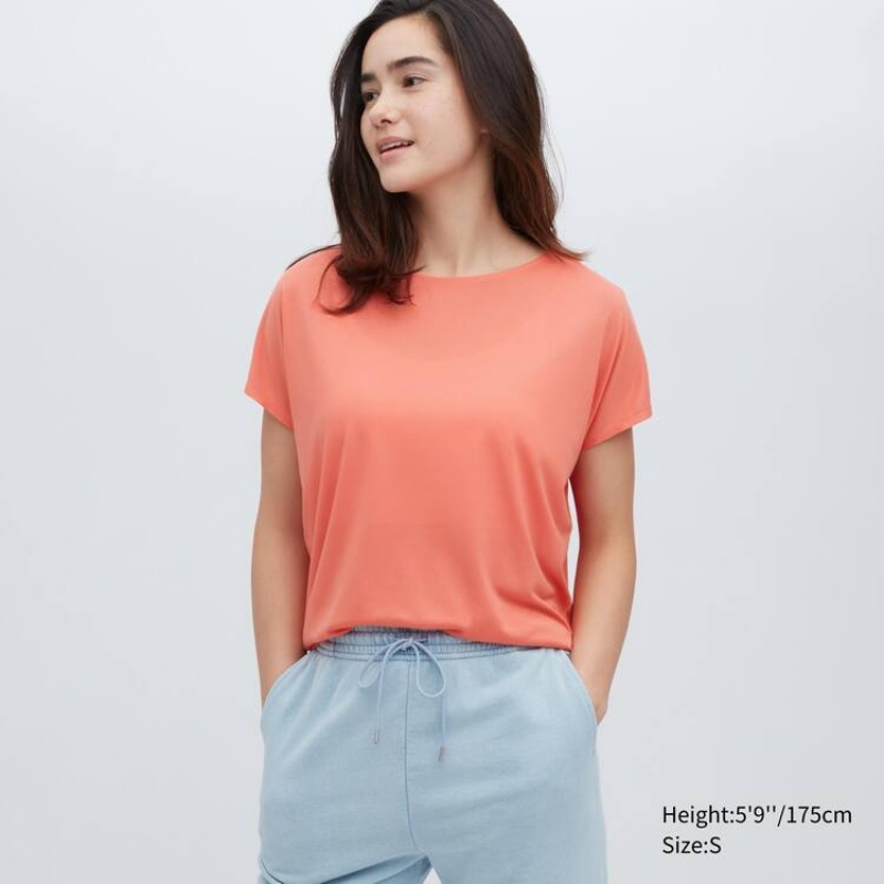 Női Uniqlo Drape Csónak Neck Rövid Sleeved Póló Narancssárga | ZNRCM-3546