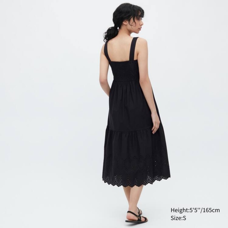 Női Uniqlo Eyelet Pamut Ujjatlan Midi Ruha Fekete | BWSAC-2074