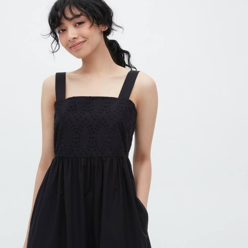 Női Uniqlo Eyelet Pamut Ujjatlan Midi Ruha Fekete | BWSAC-2074