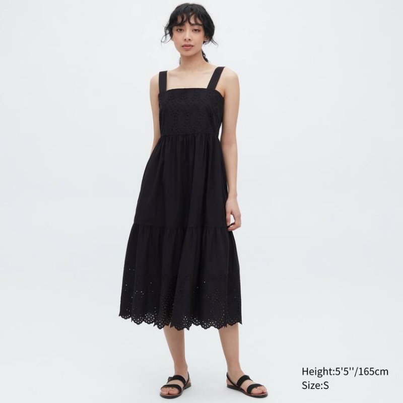 Női Uniqlo Eyelet Pamut Ujjatlan Midi Ruha Fekete | BWSAC-2074