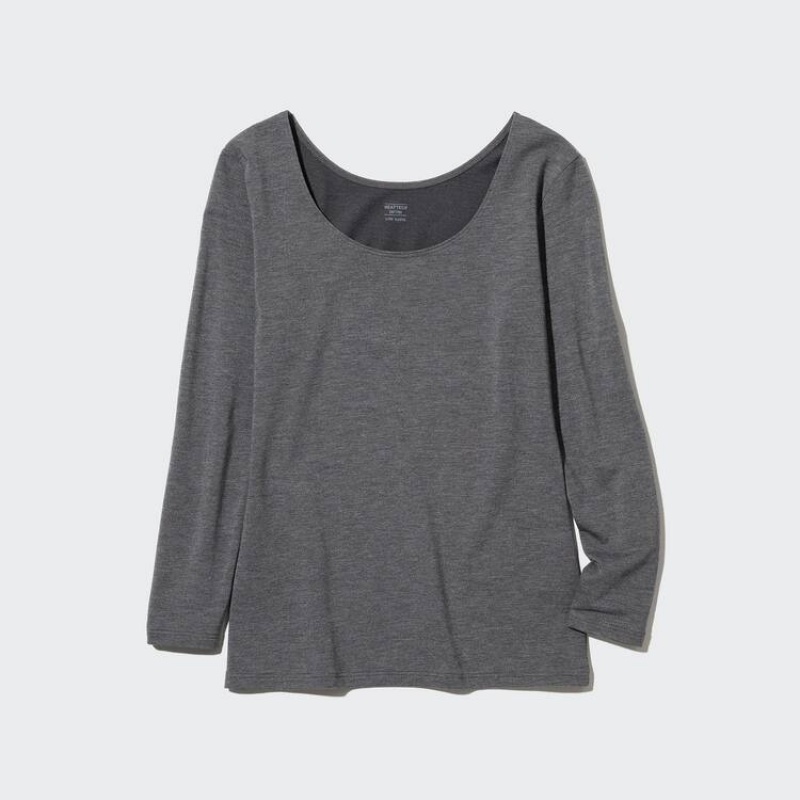 Női Uniqlo Heattech Extra Warm Pamut Scoop Neck Long Sleeved Thermal Felsők Sötétszürke | CLYSJ-7863