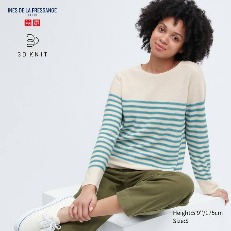 Női Uniqlo Ines De La Fressange 3d Knit Seamless Csíkos Csónak Neck Kötöttáru Bézs | ZPRKL-4913