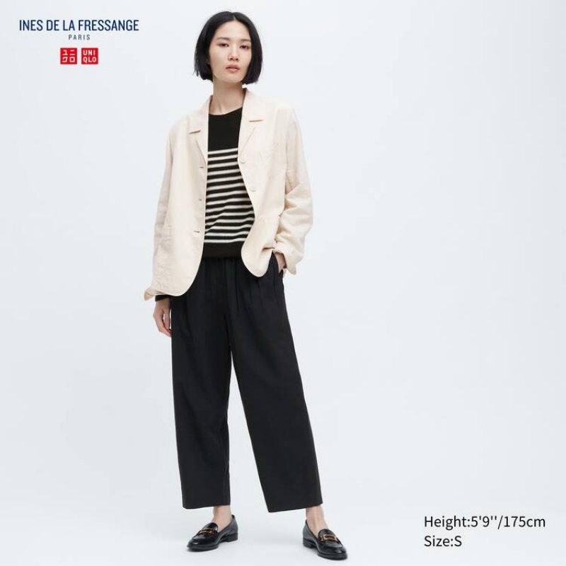 Női Uniqlo Ines De La Fressange Linen Pamut Blend Széles Cipő Leg Gathered Nadrág Fekete | TVBIL-4967