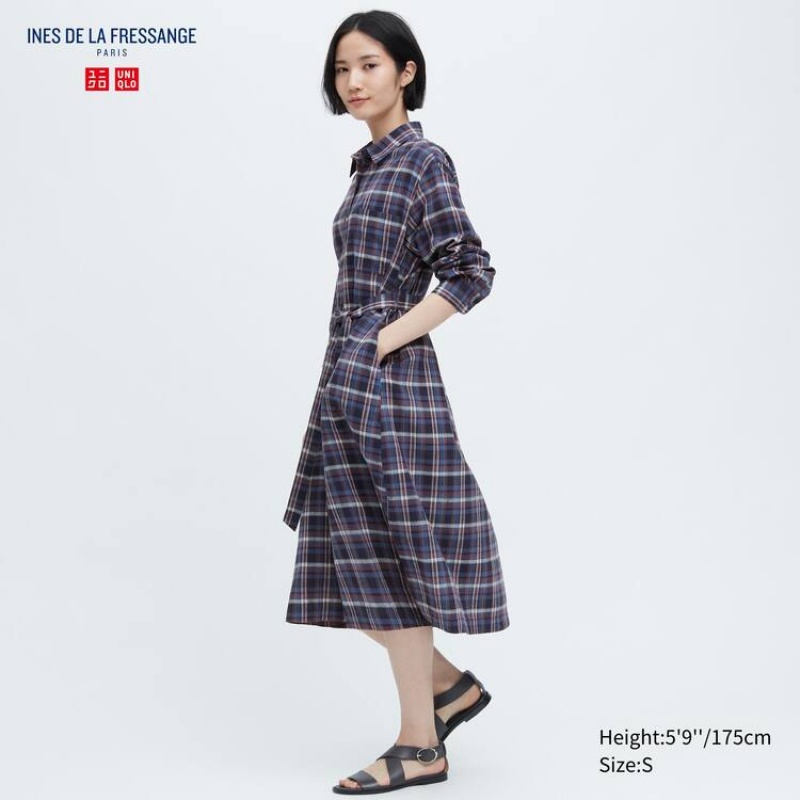 Női Uniqlo Ines De La Fressange Linen Pamut Blended Ruha Kék | RHSOZ-4678