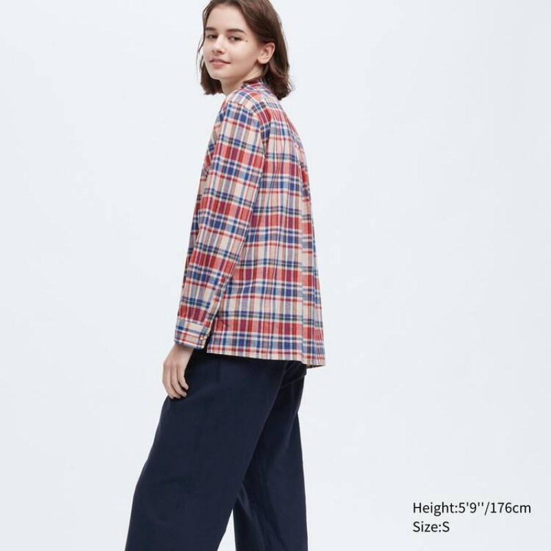 Női Uniqlo Ines De La Fressange Linen Pamut Blend Pintucked Long Sleeved Ingek Kék Piros | OBVTP-5283