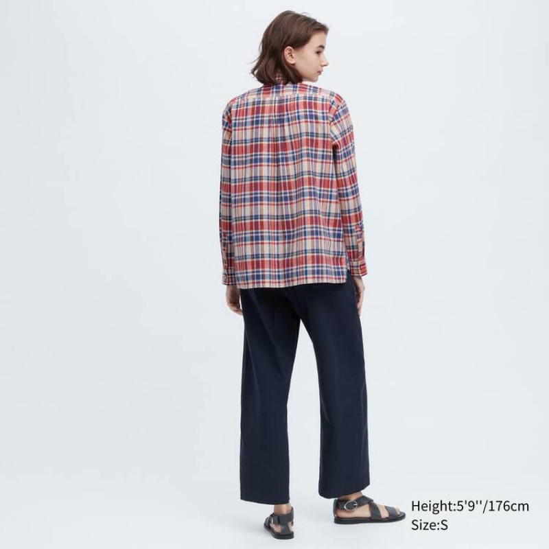 Női Uniqlo Ines De La Fressange Linen Pamut Blend Pintucked Long Sleeved Ingek Kék Piros | OBVTP-5283