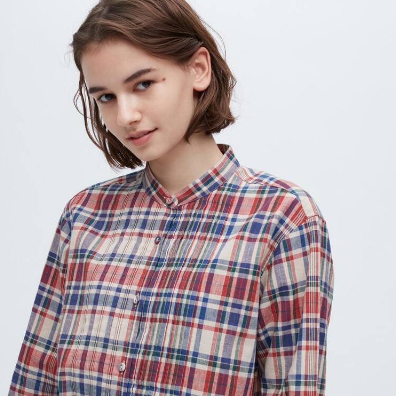 Női Uniqlo Ines De La Fressange Linen Pamut Blend Pintucked Long Sleeved Ingek Kék Piros | OBVTP-5283