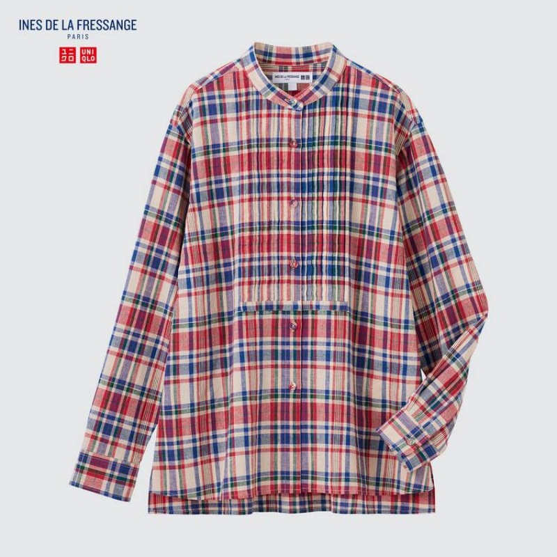 Női Uniqlo Ines De La Fressange Linen Pamut Blend Pintucked Long Sleeved Ingek Kék Piros | OBVTP-5283