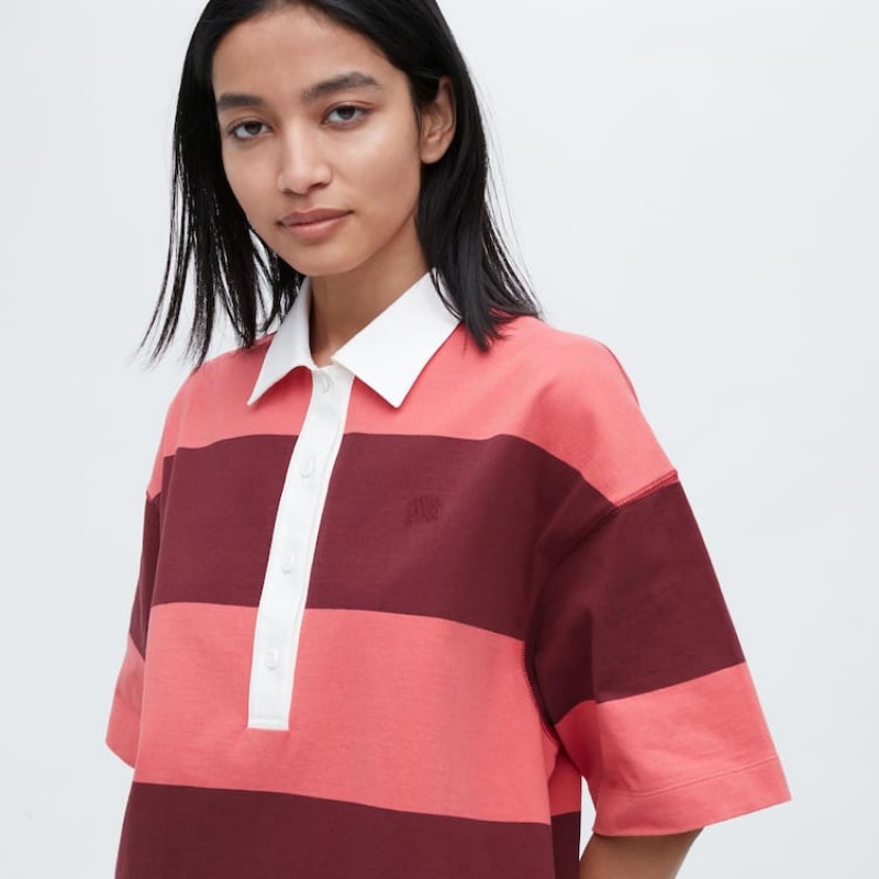 Női Uniqlo Jw Anderson Csíkos Polo Rövid Sleeved Ruha Rózsaszín | LOGFZ-0941