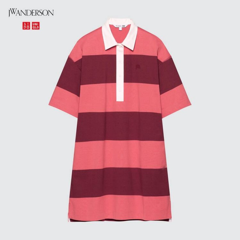 Női Uniqlo Jw Anderson Csíkos Polo Rövid Sleeved Ruha Rózsaszín | LOGFZ-0941