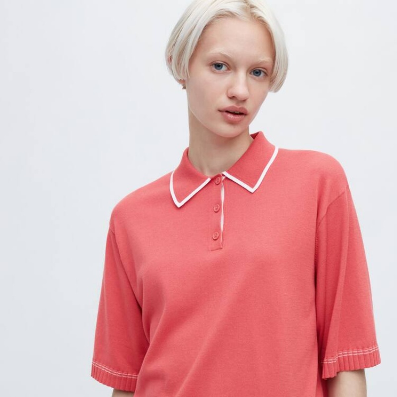 Női Uniqlo Jw Anderson Rövid Sleeved Polo Felsők Rózsaszín | FVWJS-3187