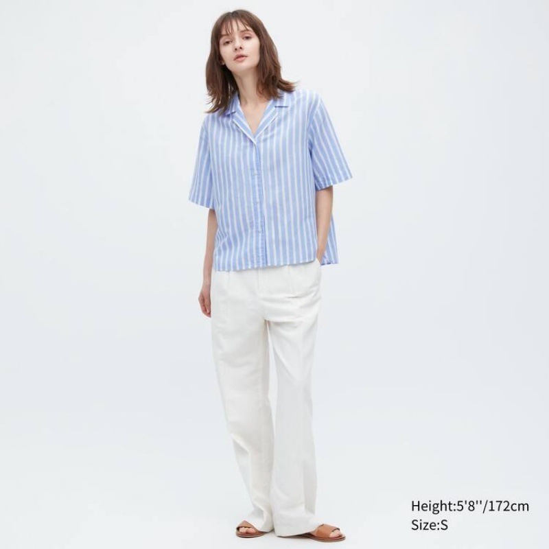 Női Uniqlo Linen Blend Rövid Sleeve Ingek Világos Kék | QYKDH-0478