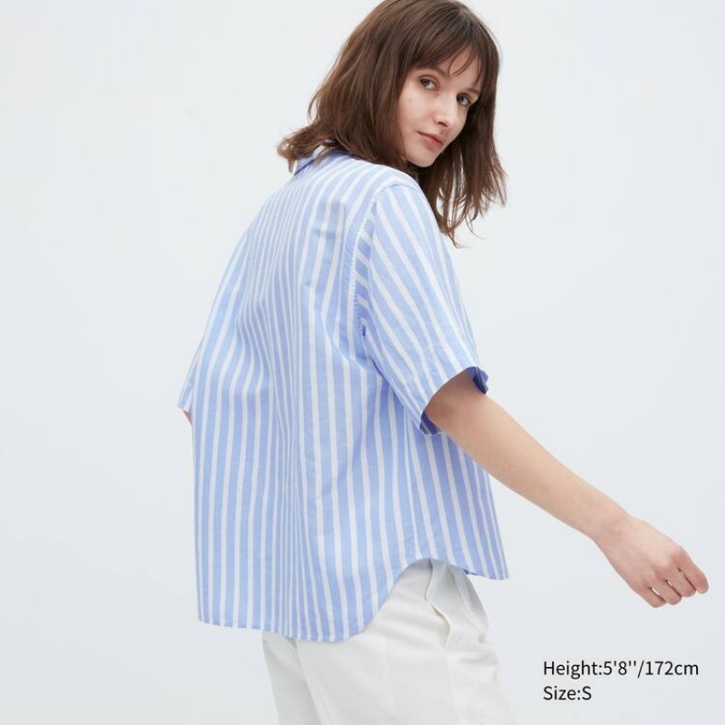 Női Uniqlo Linen Blend Rövid Sleeve Ingek Világos Kék | QYKDH-0478