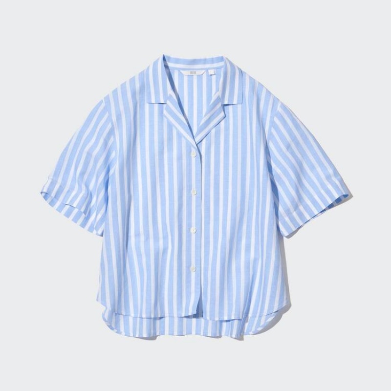 Női Uniqlo Linen Blend Rövid Sleeve Ingek Világos Kék | QYKDH-0478