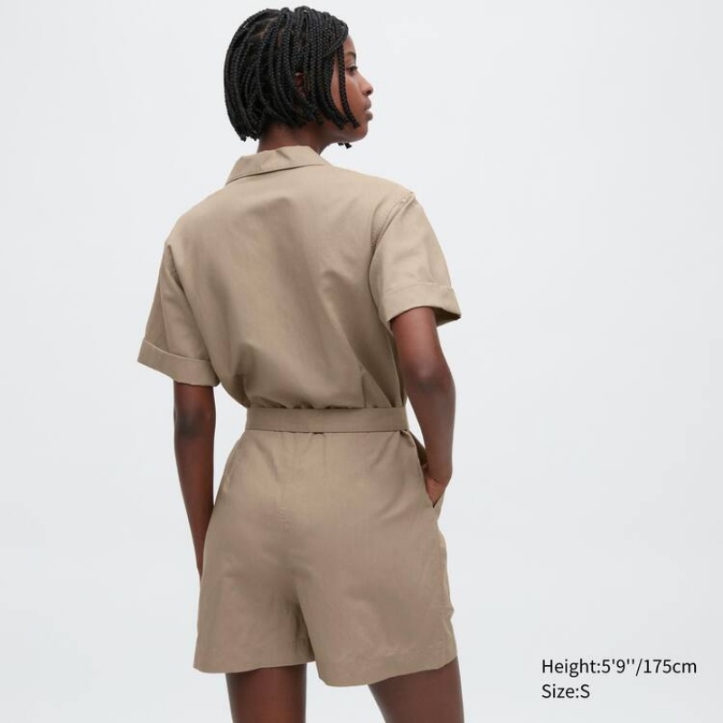 Női Uniqlo Linen Blend Rövid Sleeved Romper Ruha Szürke | VJMZQ-5720