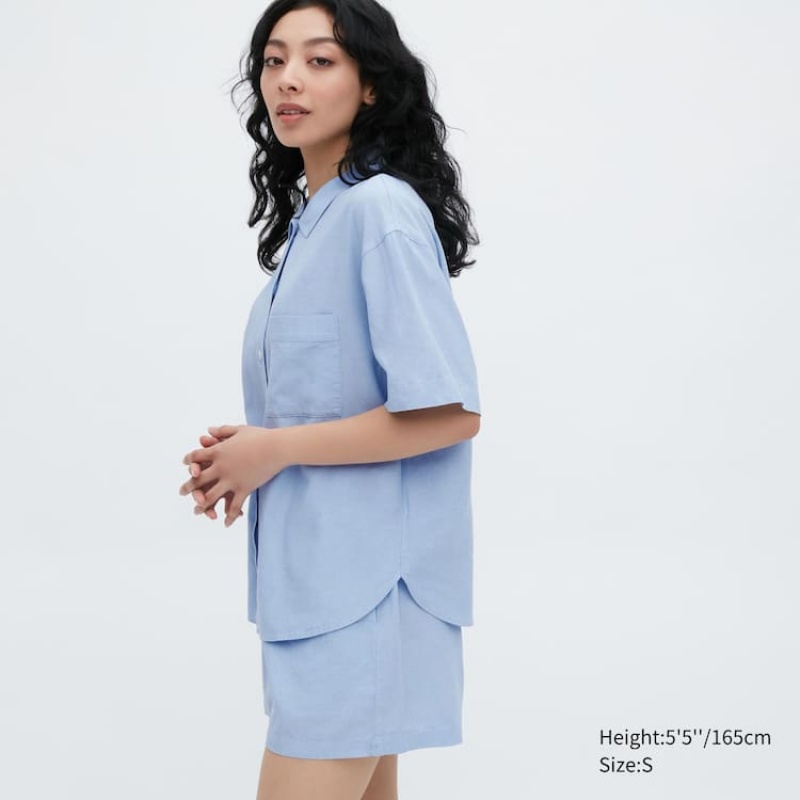 Női Uniqlo Linen Blend Rövid Sleeved Set Nappali Ruha Kék | BMEIY-0971