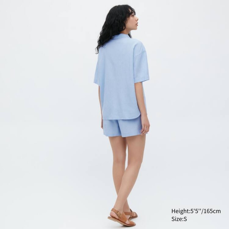 Női Uniqlo Linen Blend Rövid Sleeved Set Nappali Ruha Kék | BMEIY-0971