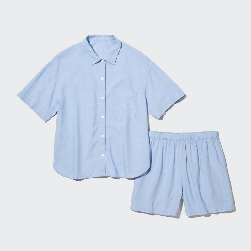 Női Uniqlo Linen Blend Rövid Sleeved Set Nappali Ruha Kék | BMEIY-0971