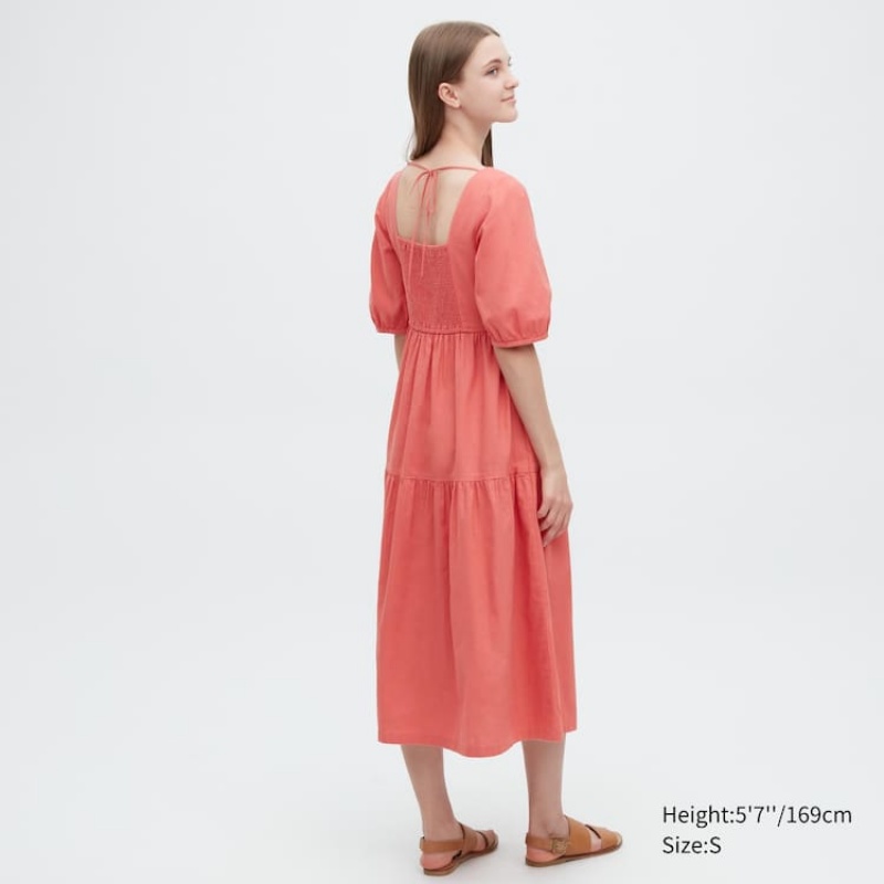 Női Uniqlo Linen Blend Shirring Volume Sleeved Ruha Rózsaszín | NSOJA-5027