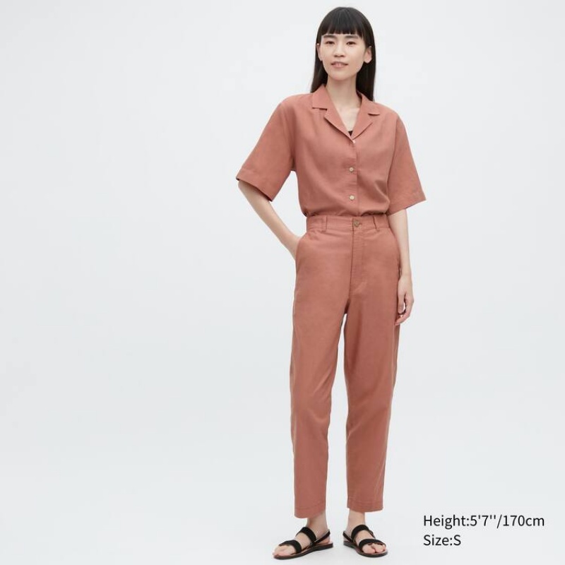 Női Uniqlo Linen Pamut Blend Tapered Nadrág Barna | QSJWU-6740