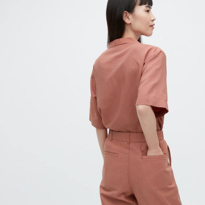 Női Uniqlo Linen Pamut Blend Tapered Nadrág Barna | QSJWU-6740