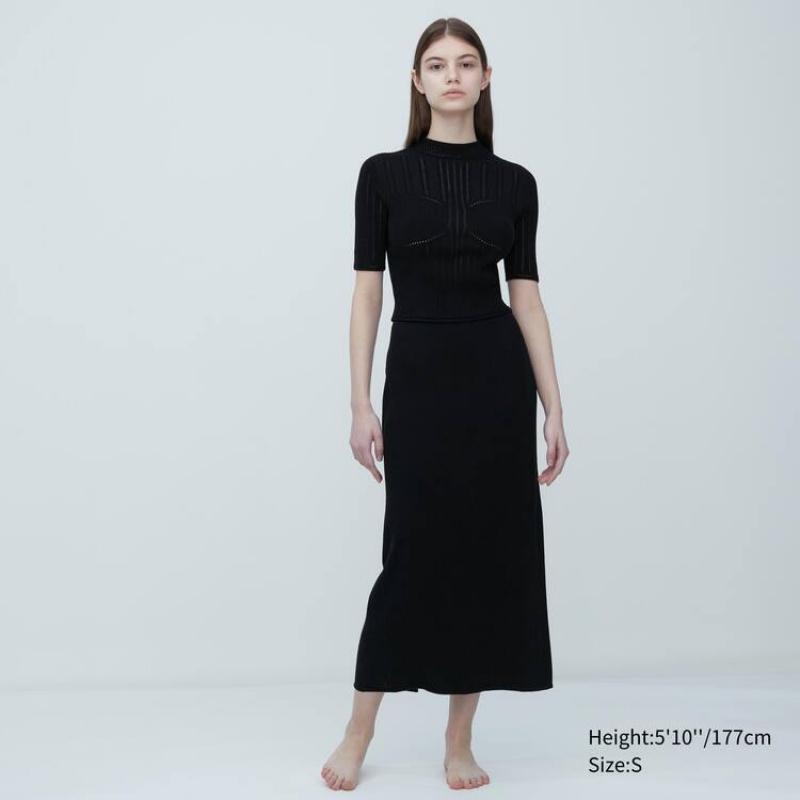 Női Uniqlo Mame Kurogouchi 3d Knit Seamless Mesh Half Sleeve Ingek Fekete | UXLTE-5984