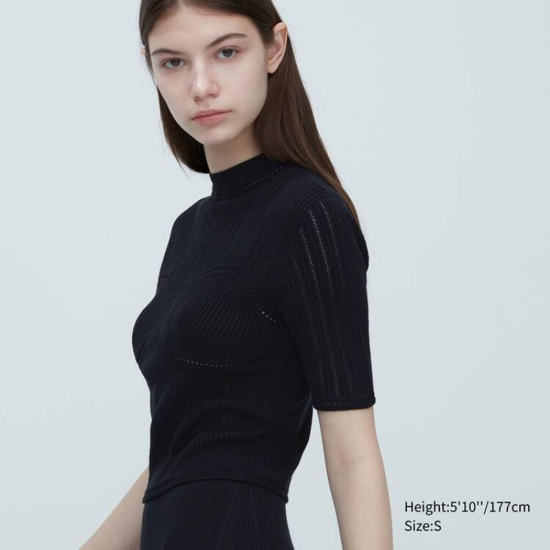 Női Uniqlo Mame Kurogouchi 3d Knit Seamless Mesh Half Sleeve Ingek Fekete | UXLTE-5984