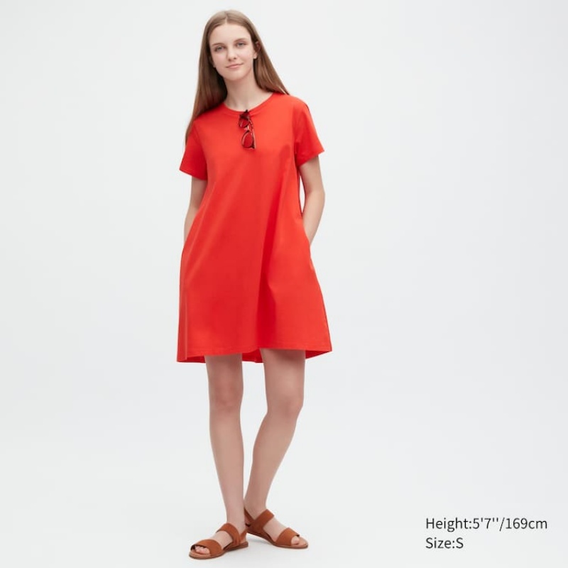 Női Uniqlo Mercerised Pamut Rövid Sleeved Mini Ruha Piros | LJKUY-1934