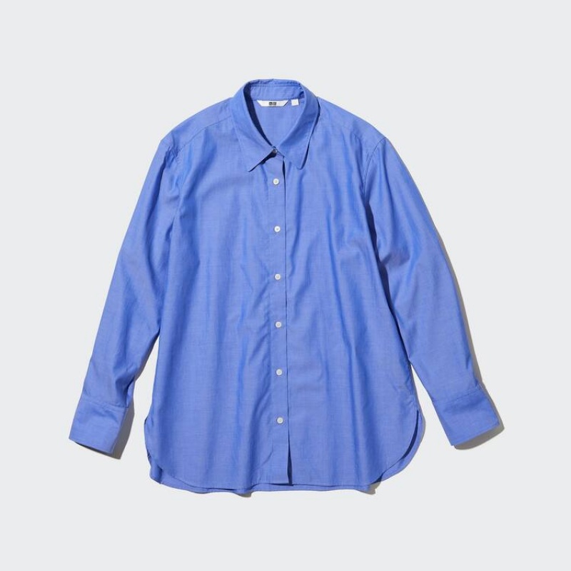 Női Uniqlo Pamut Chambray Long Sleeved Ingek Kék | NHPWB-1365