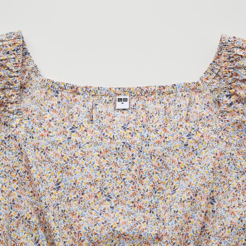 Női Uniqlo Pamut Printed Cropped Rövid Sleeved Blúz Fehér | RJOVG-8016