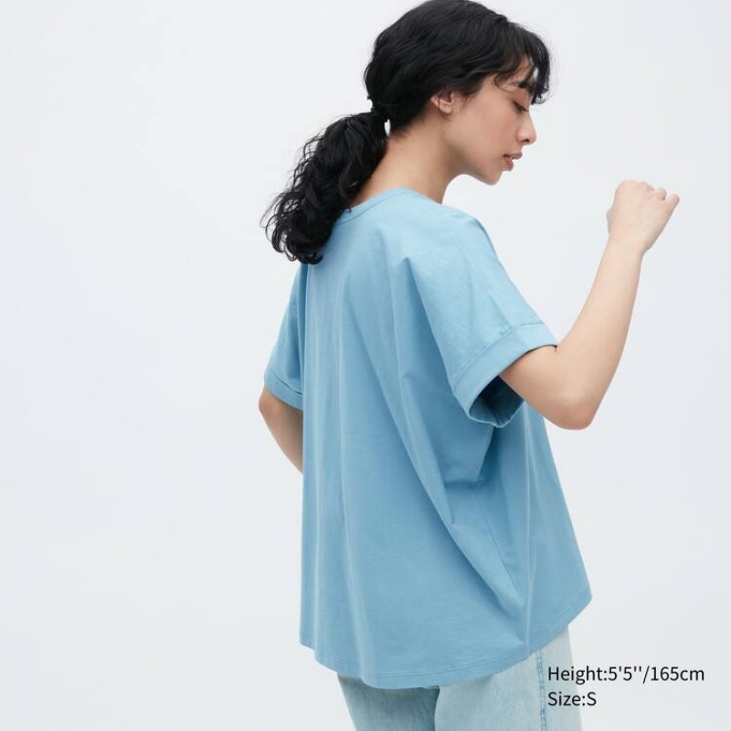 Női Uniqlo Pamut Sleeve Póló Kék | GMFBS-7980