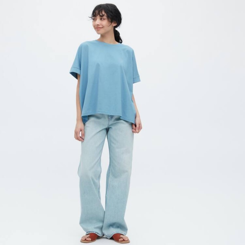 Női Uniqlo Pamut Sleeve Póló Kék | GMFBS-7980