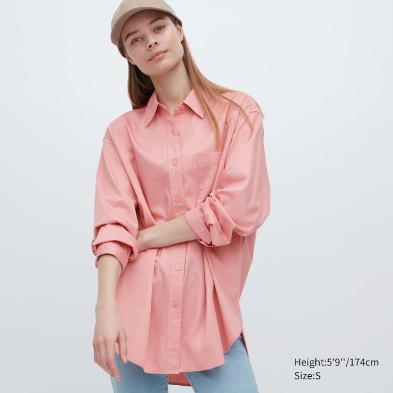 Női Uniqlo Pamut Twill Oversized Long Sleeved Ingek Rózsaszín | HFANW-5279