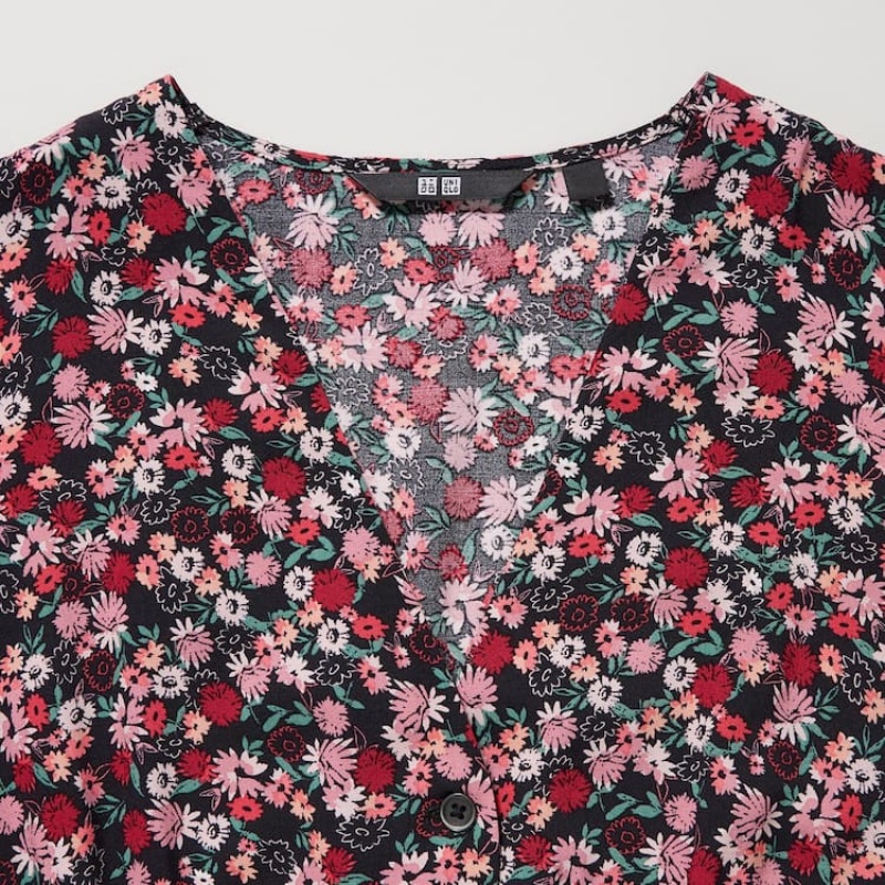 Női Uniqlo Printed V Neck Flared Long Sleeved Ruha Rózsaszín | LGCKB-3479