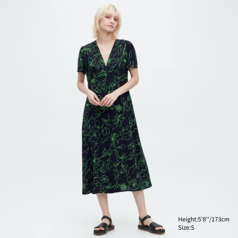 Női Uniqlo Printed V Neck Flared Rövid Sleeved Ruha Fekete | GPQSH-7198