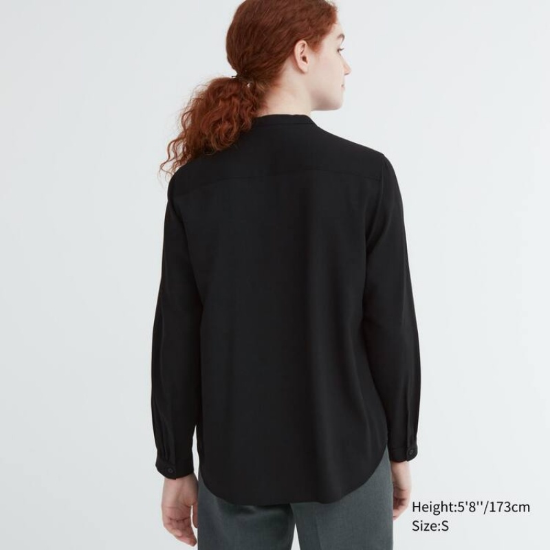 Női Uniqlo Rayon Pintuck Long Sleeved Blúz Fekete | LYSWH-5096