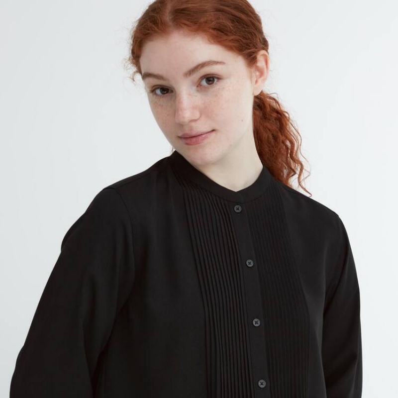 Női Uniqlo Rayon Pintuck Long Sleeved Blúz Fekete | LYSWH-5096