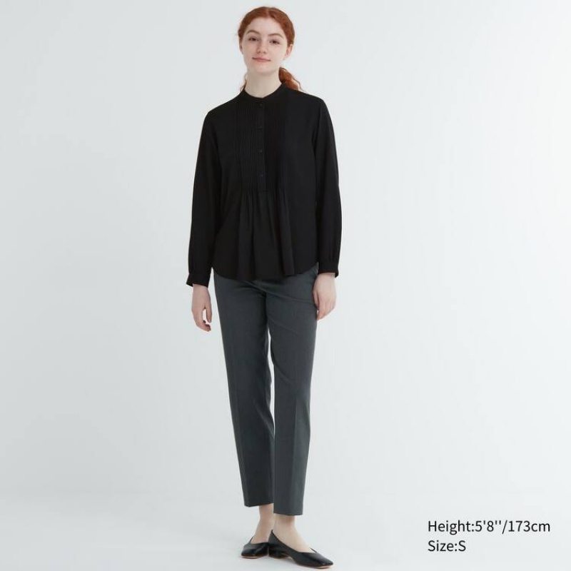 Női Uniqlo Rayon Pintuck Long Sleeved Blúz Fekete | LYSWH-5096