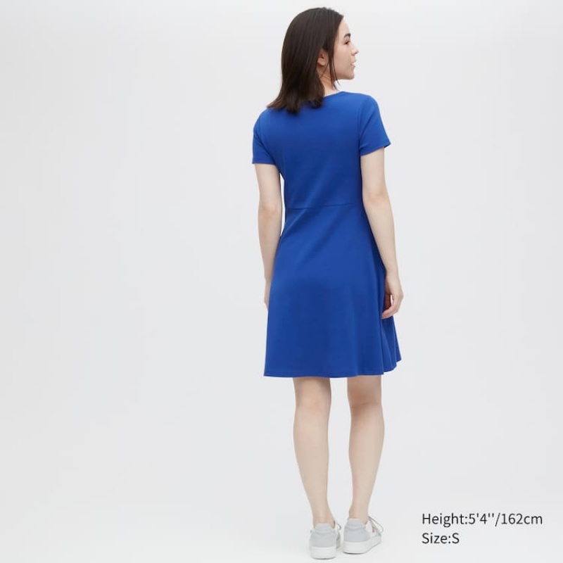 Női Uniqlo Rövid Sleeved Flared Ruha Kék | CIZMX-5248