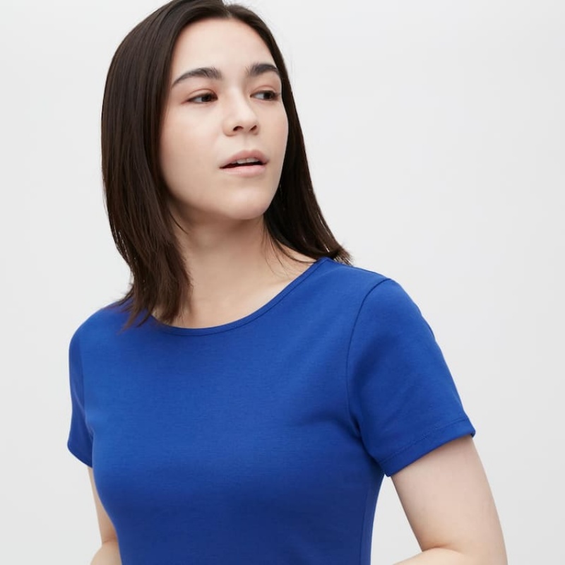 Női Uniqlo Rövid Sleeved Flared Ruha Kék | CIZMX-5248