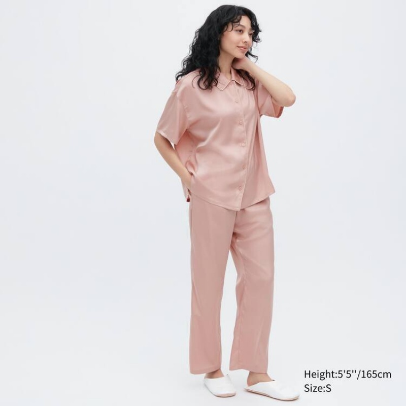 Női Uniqlo Satin Pajamas (Rövid Sleeve) Nappali Ruha Rózsaszín | OXWPT-0645