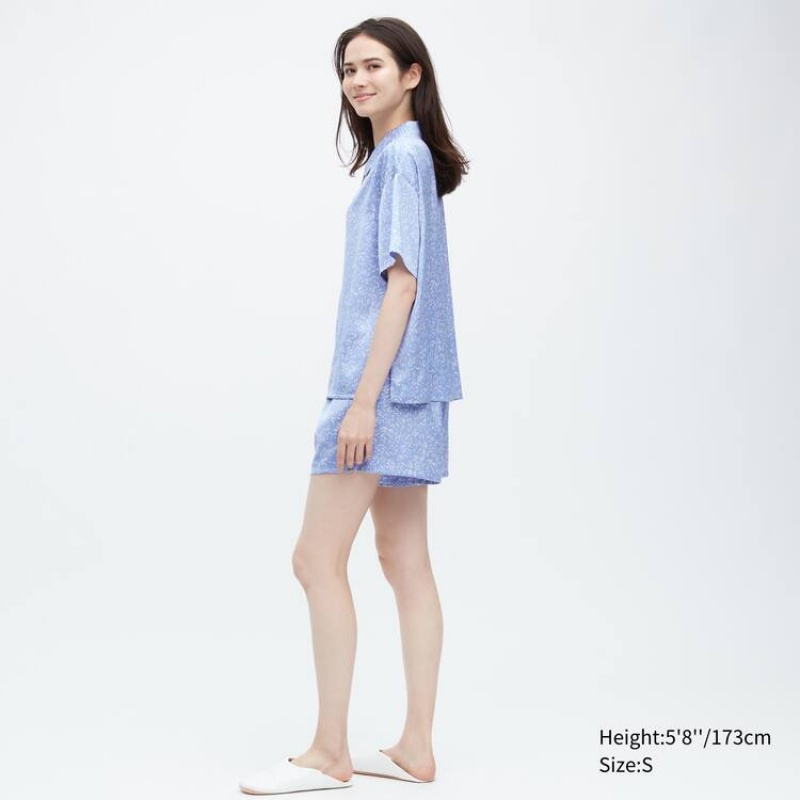 Női Uniqlo Satin Printed Pajamas (Rövid Sleeve) Nappali Ruha Kék | AEYMX-7689